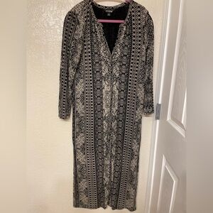 Lucky Brand Black Tan Midi Long Slv V neck Dress Pockets Tribal Boho Festival S